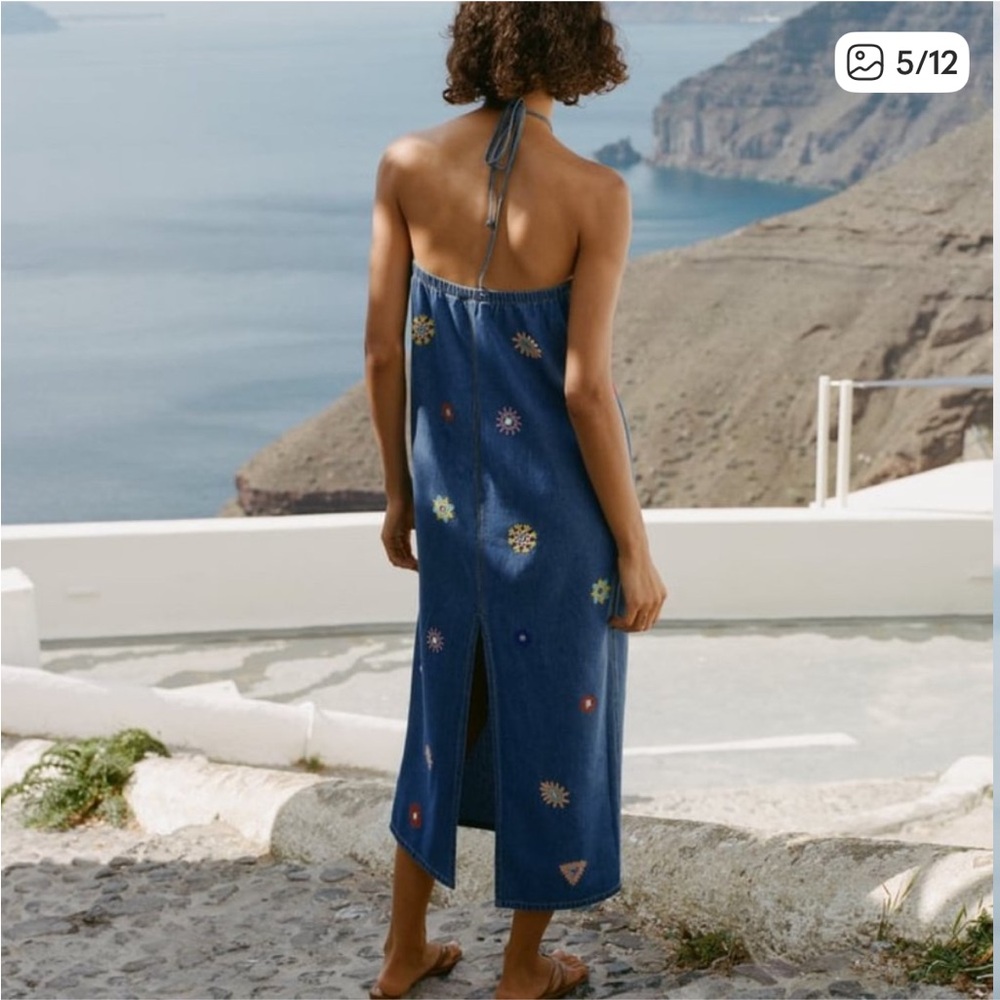 Zara Denim Chambray Embroidered Halter Dress NEW NWT - Picture 5 of 10